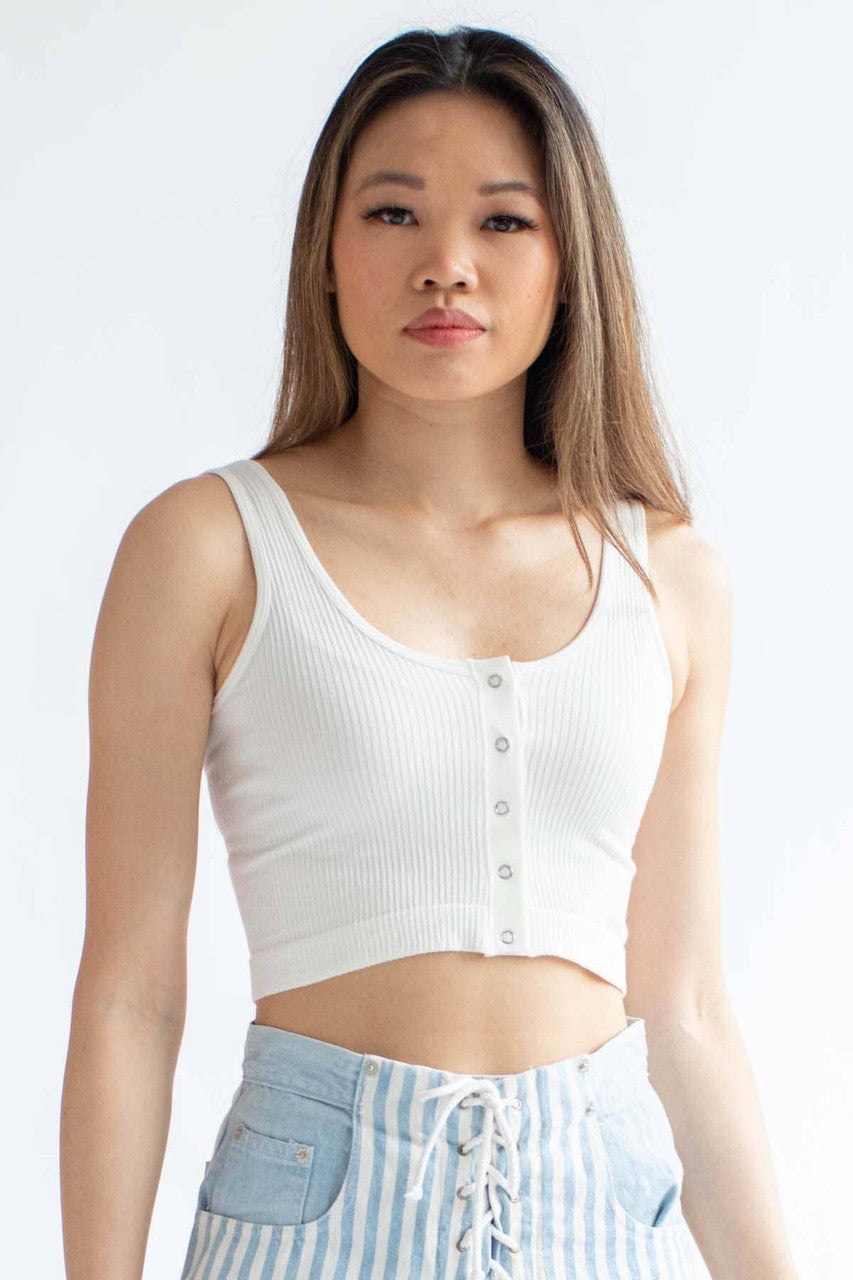 White Ribbed Seamless Snap Front Crop Top