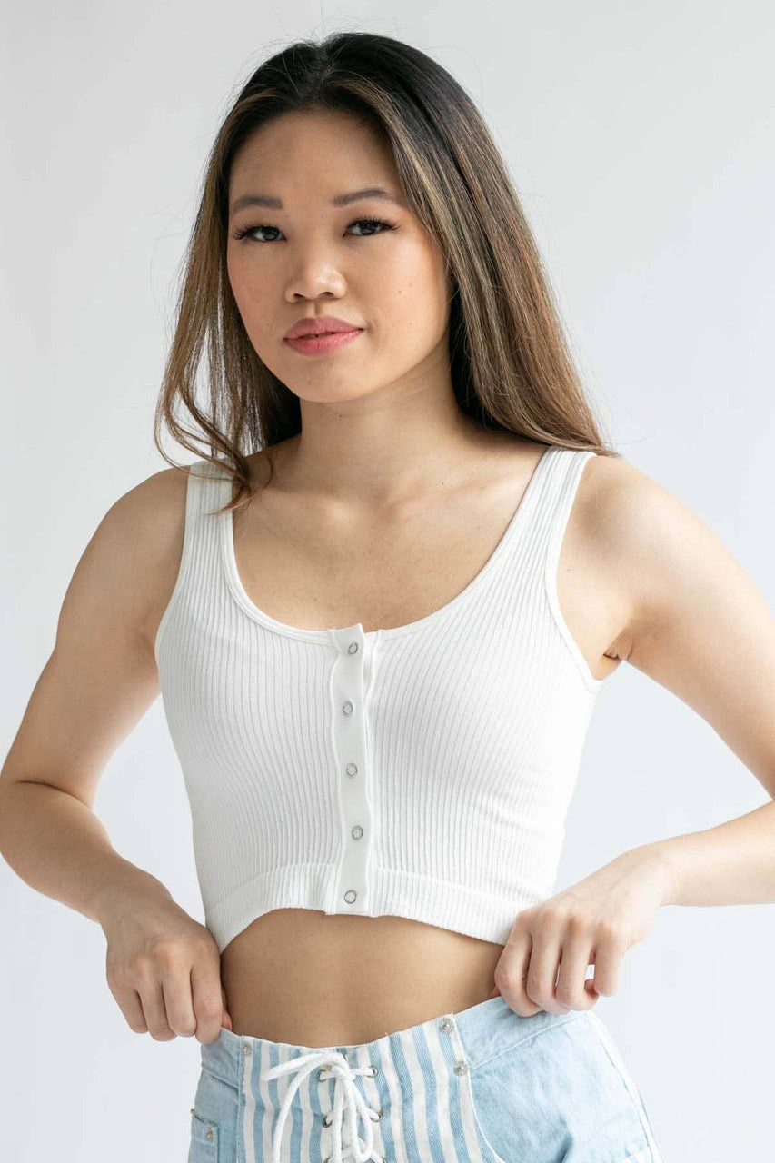 White Ribbed Seamless Snap Front Crop Top