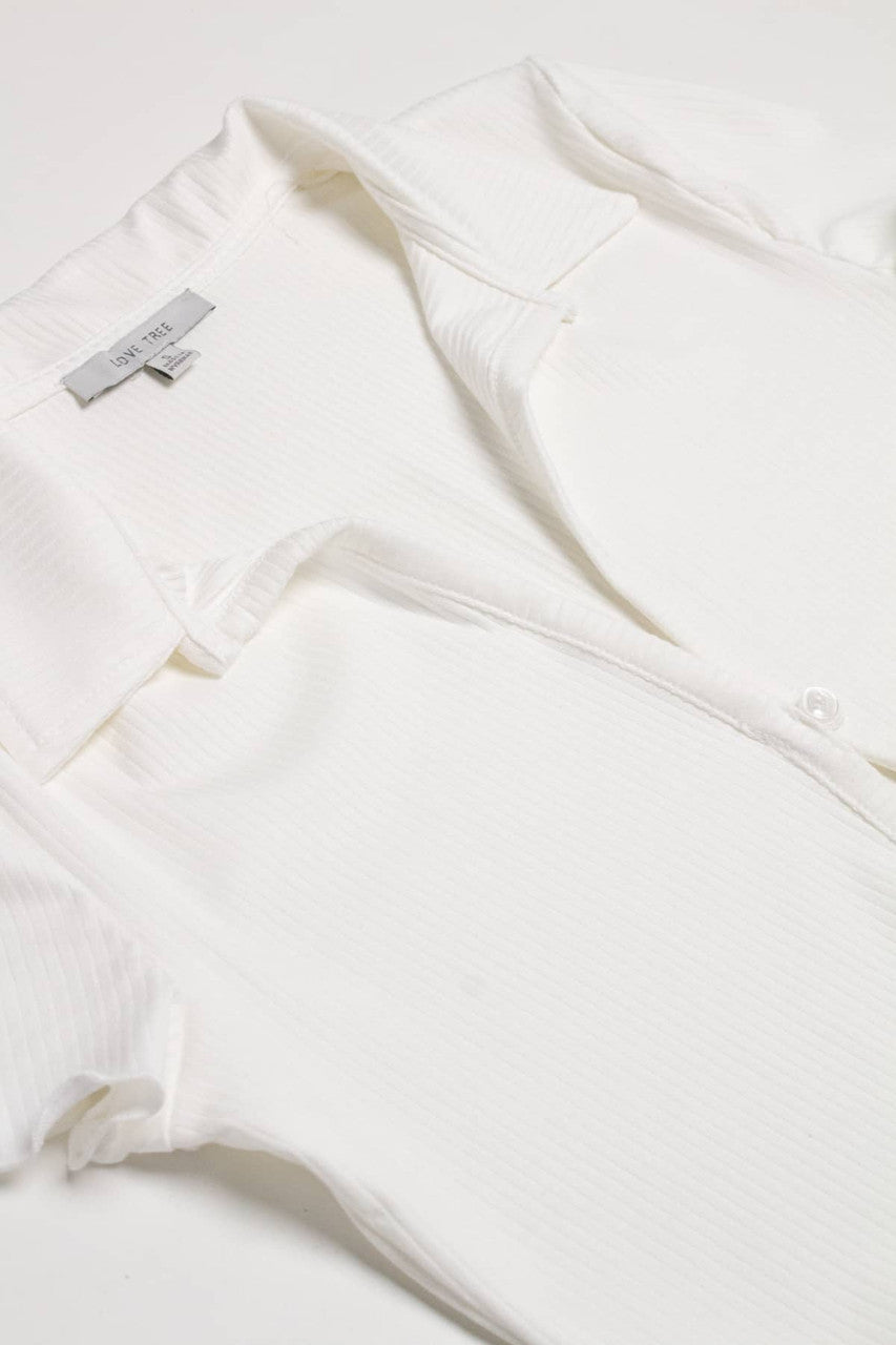 White Ribbed Short Sleeve Polo Cardigan