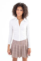 White Ruched Front Button Up shirt