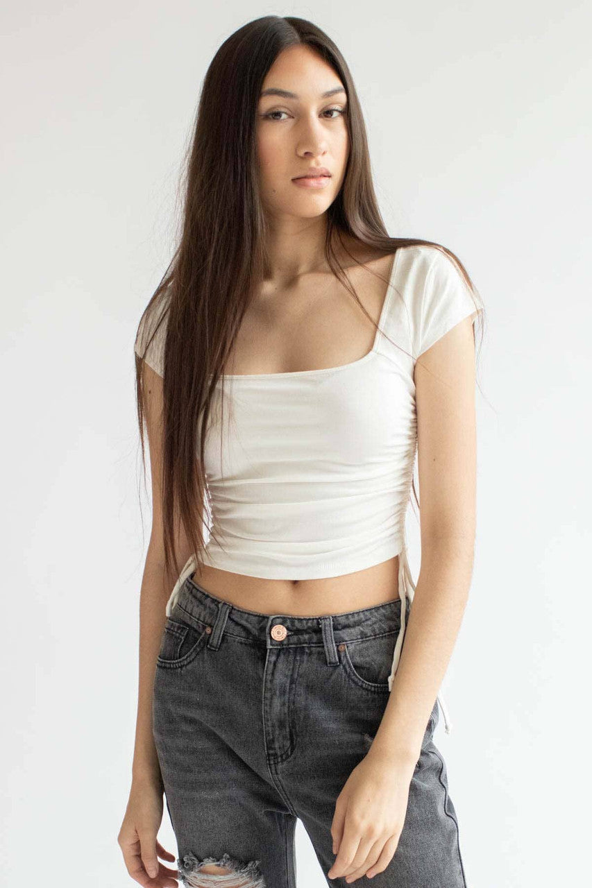 White Ruched Side Square Neck Tee