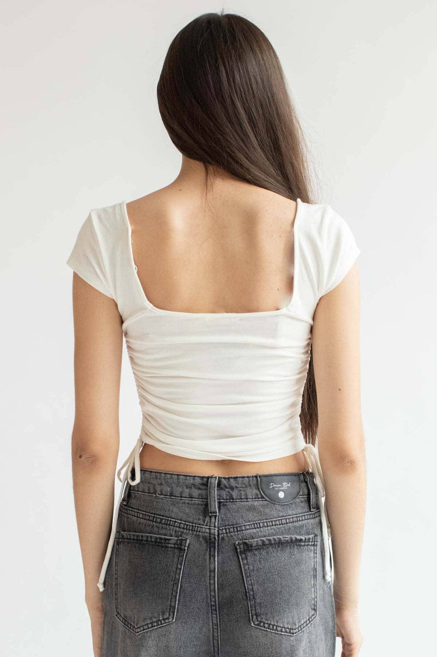 White Ruched Side Square Neck Tee