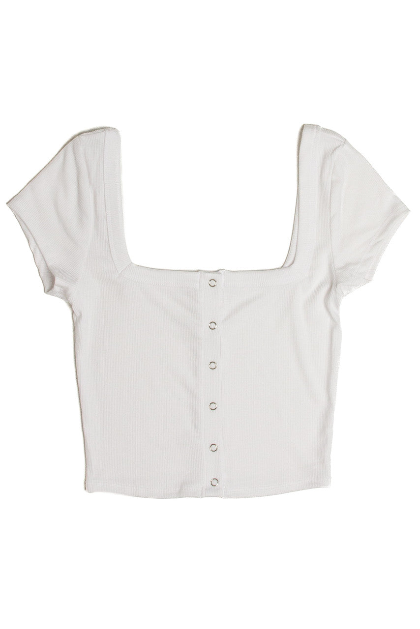 White Square Neck Button Front Crop Tee