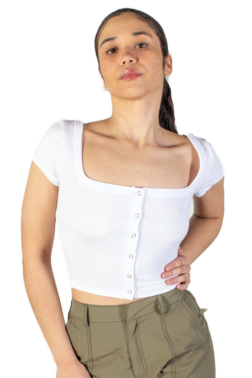 White Square Neck Button Front Crop Tee