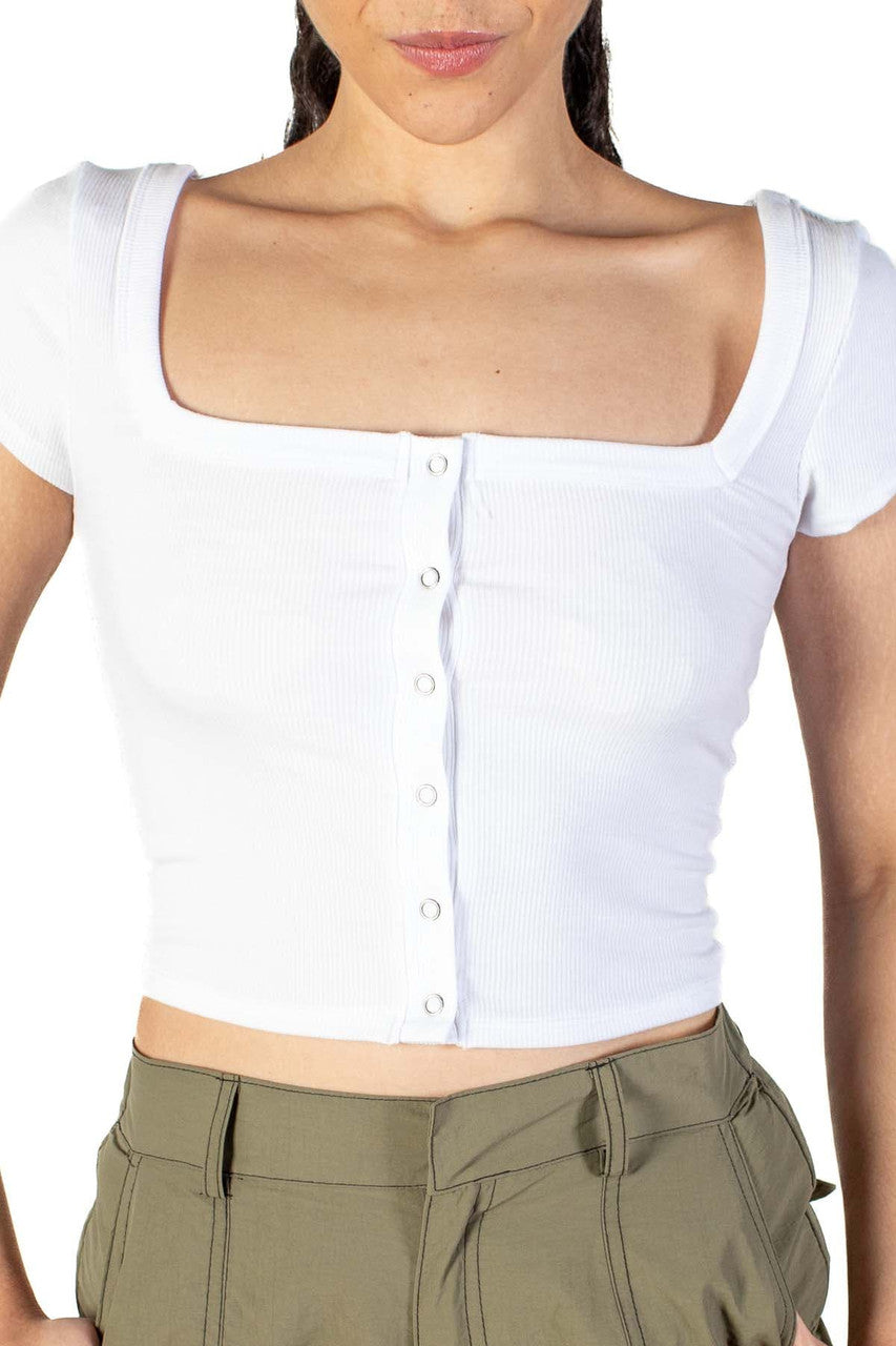 White Square Neck Button Front Crop Tee