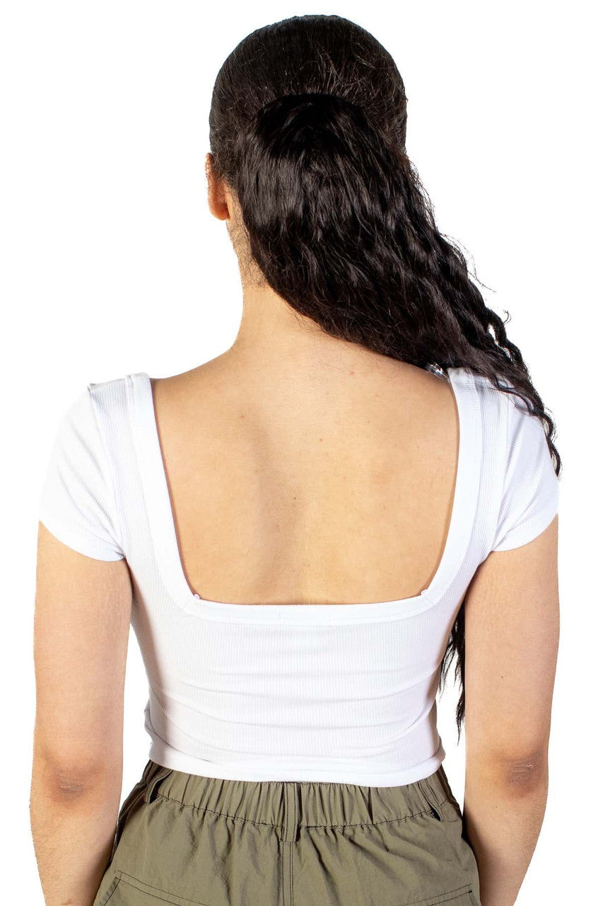 White Square Neck Button Front Crop Tee
