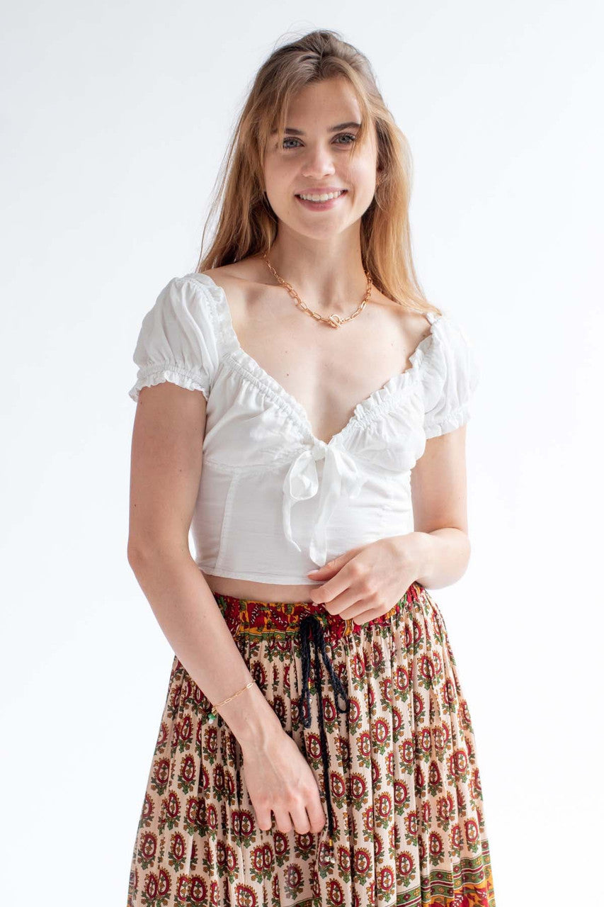 White Tencel Milkmaid Tie Cropped Top