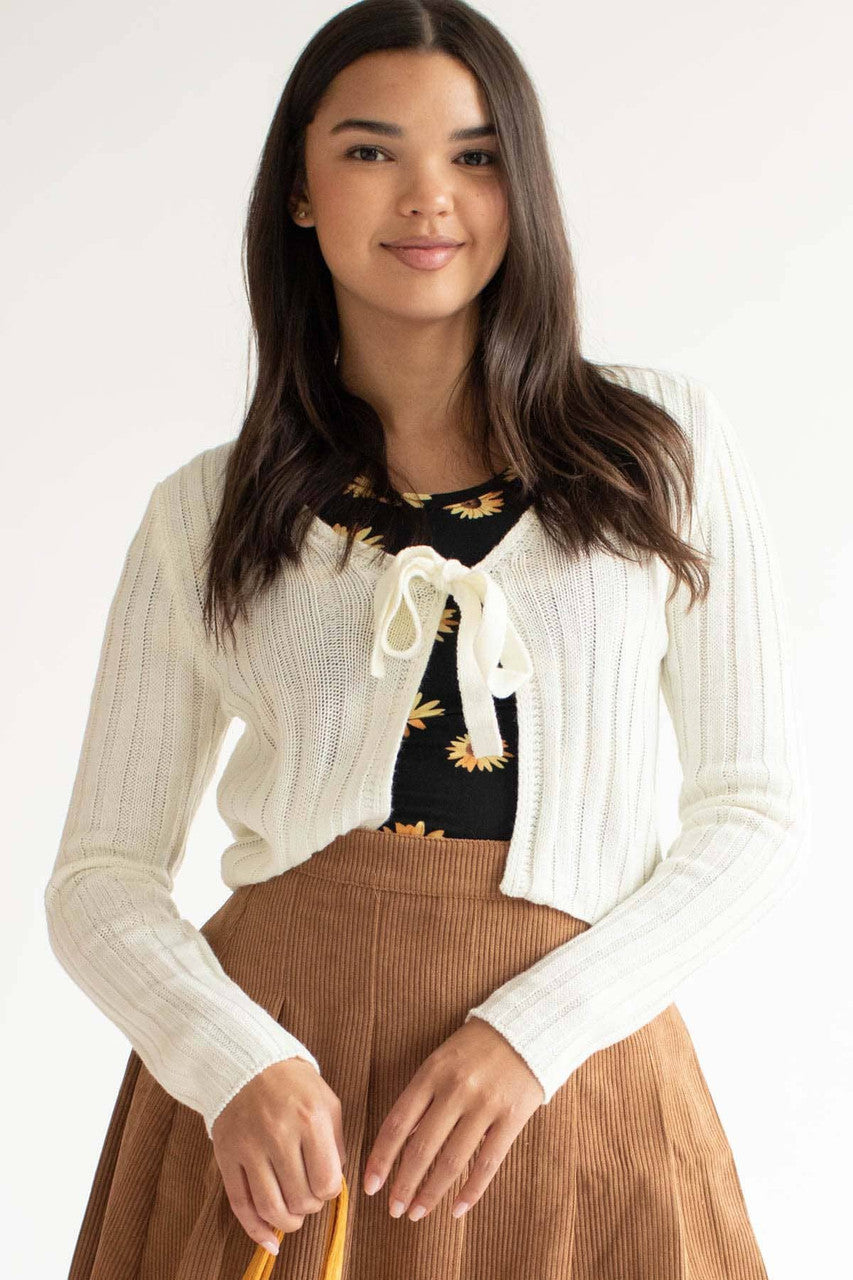 White Tie Bust Ribbed Cardigan