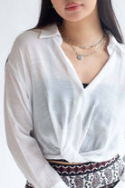 White Twist Waist Button Up Crop Shirt