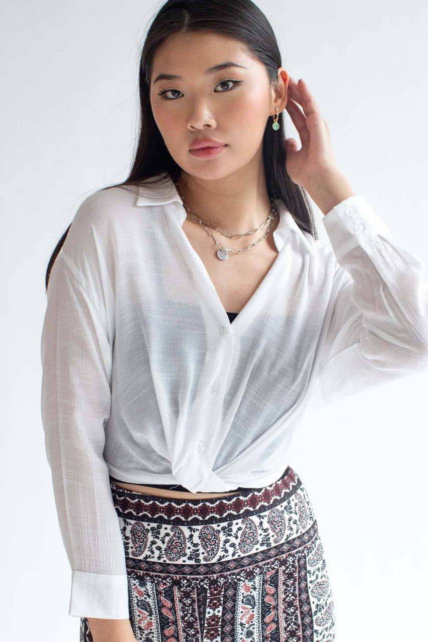 White Twist Waist Button Up Crop Shirt