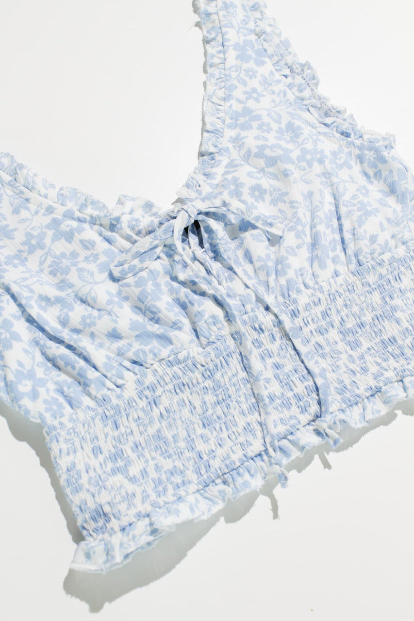 Blue Gauze Floral Smock Waist Top