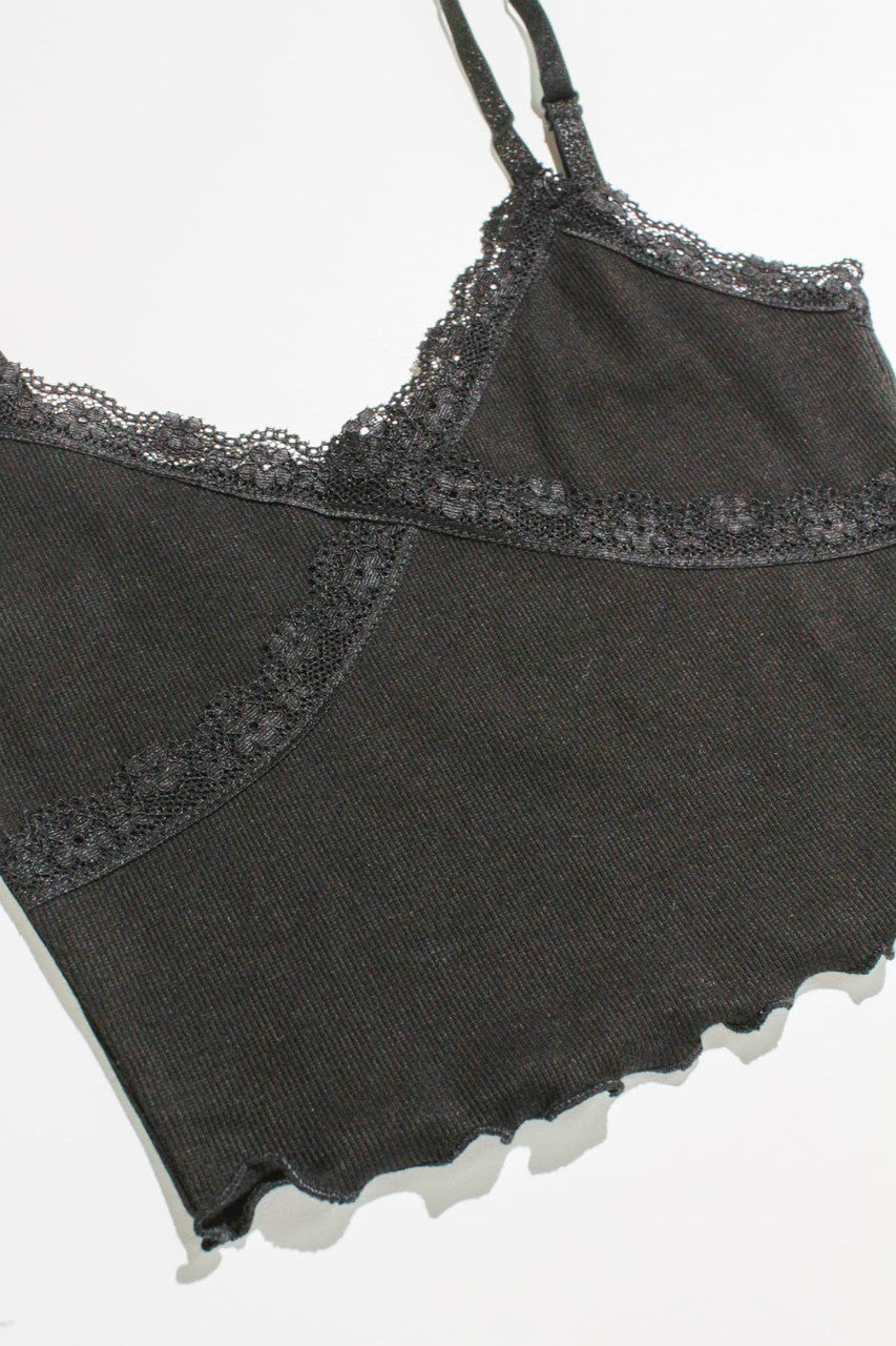 Black Lace Trimmed Ribbed Cami