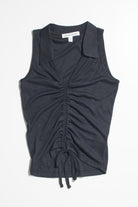 Black Ruched Front Ribbed Sleeveless Polo