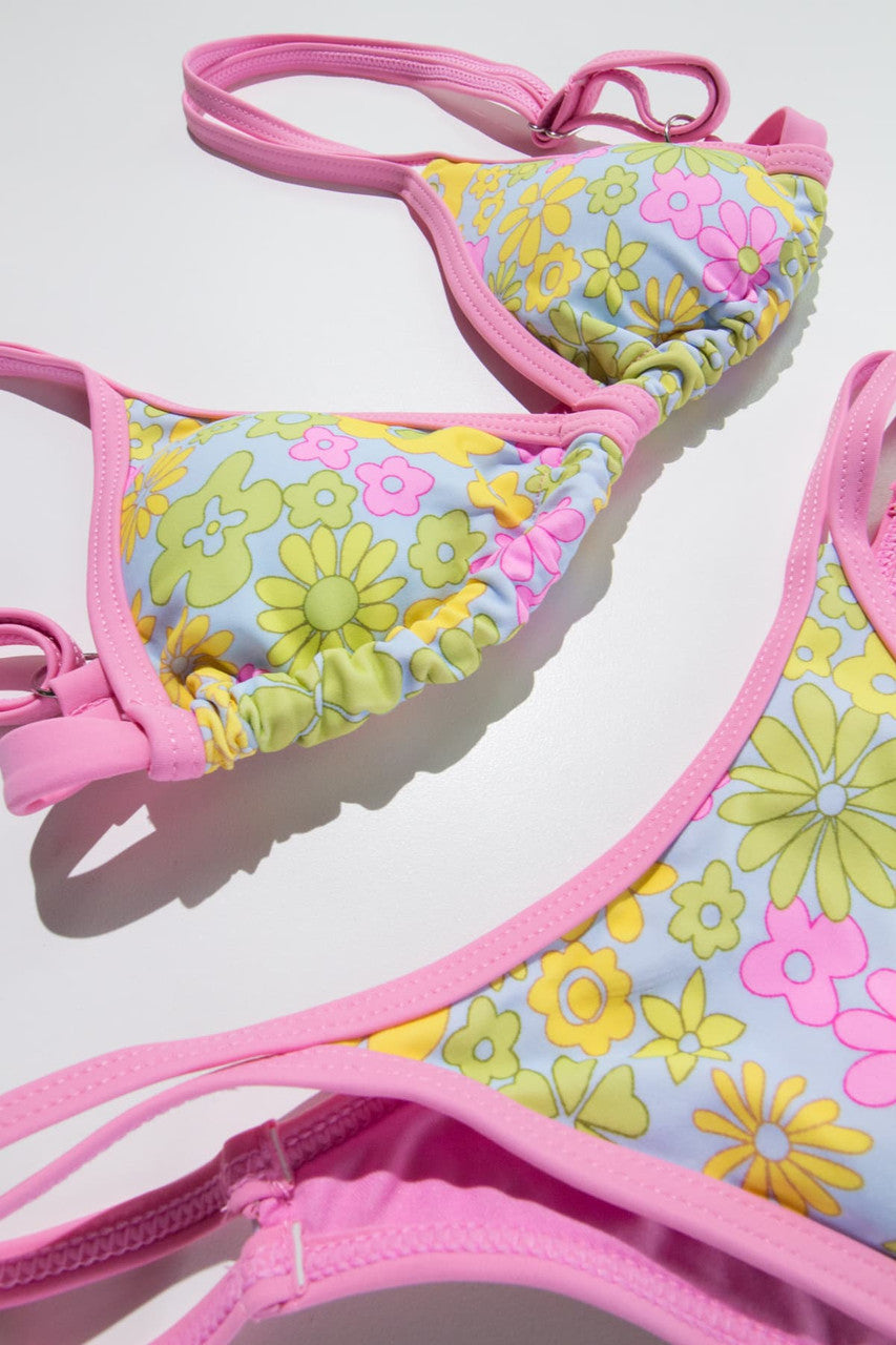 Pink 70s Floral Bikini Top