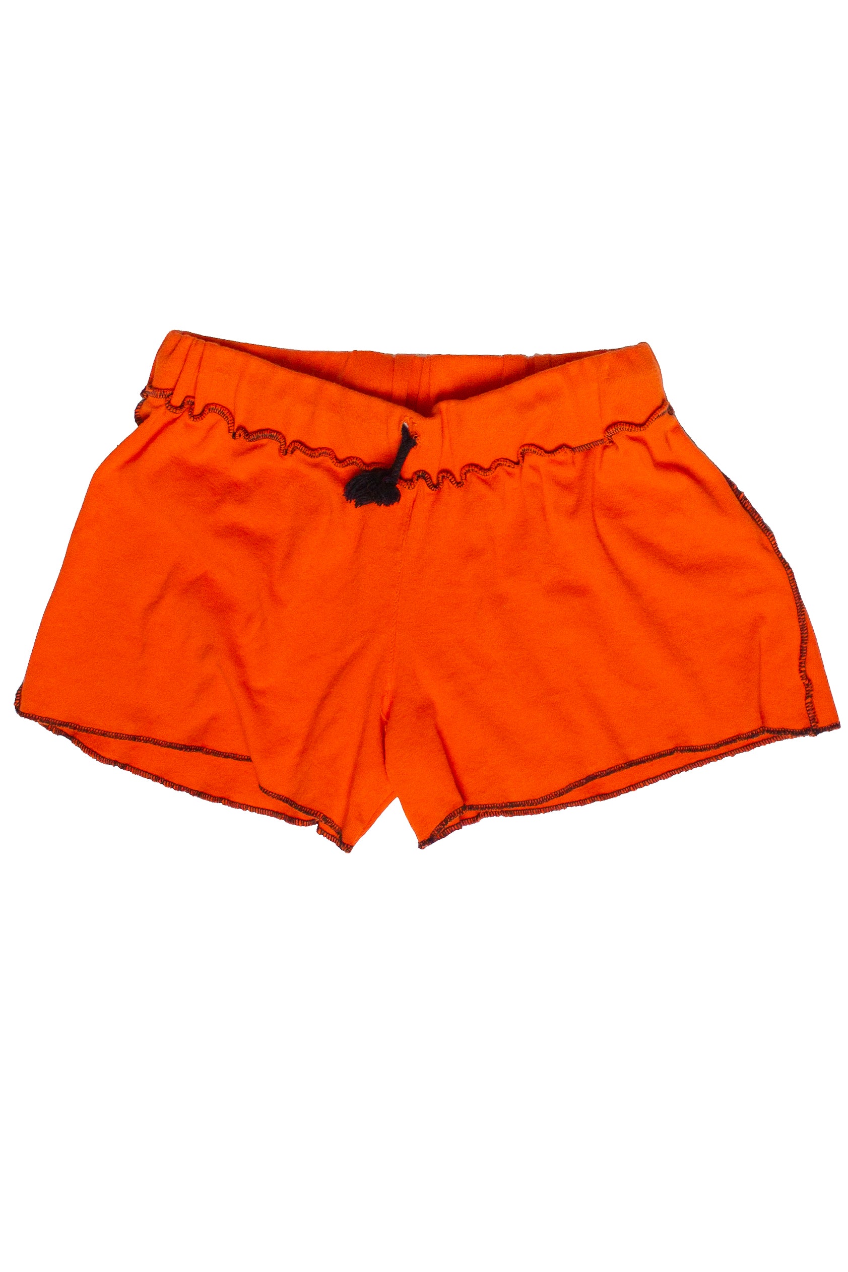 Orange shorts with a black zipper on a white background