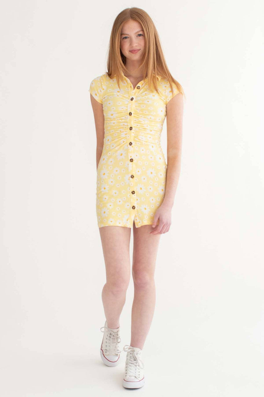 Yellow Daisy Ruched Shirt Dress