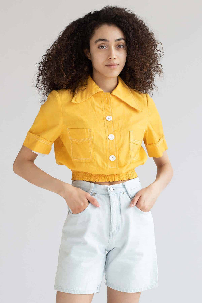 Cropped Yellow Denim Butterfly Collar Top