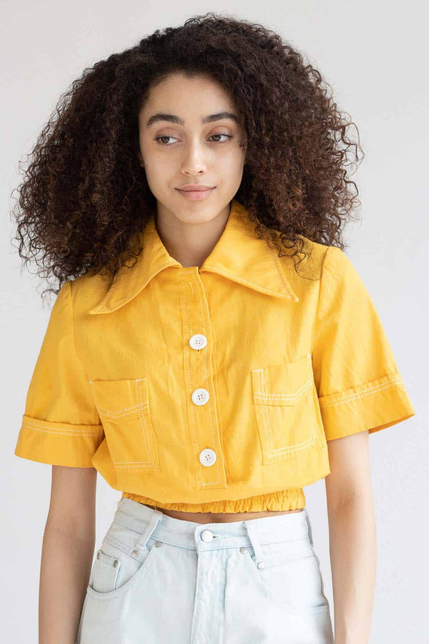 Cropped Yellow Denim Butterfly Collar Top