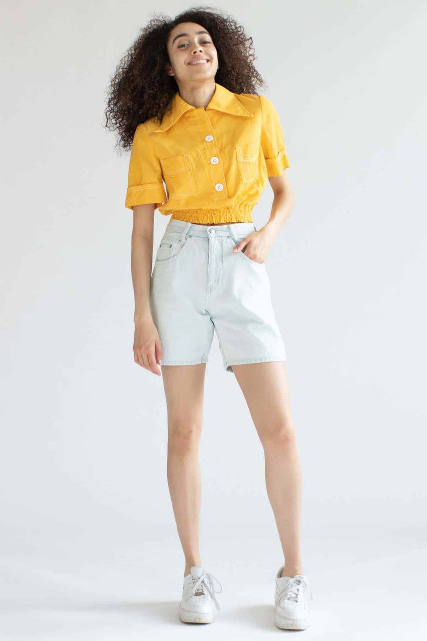 Cropped Yellow Denim Butterfly Collar Top
