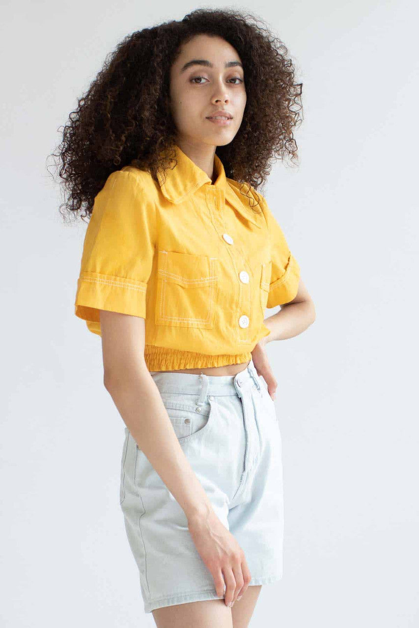 Cropped Yellow Denim Butterfly Collar Top
