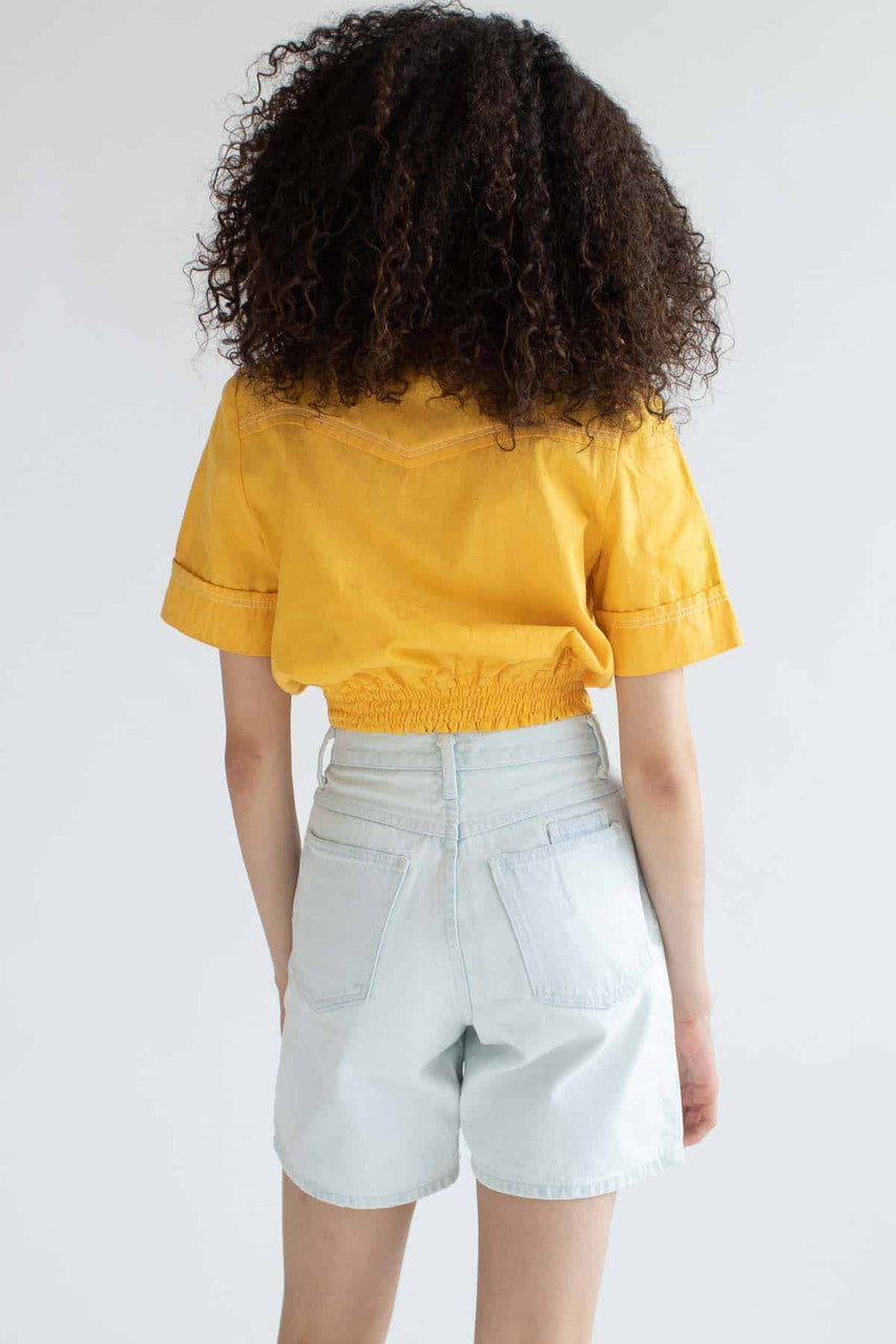 Cropped Yellow Denim Butterfly Collar Top