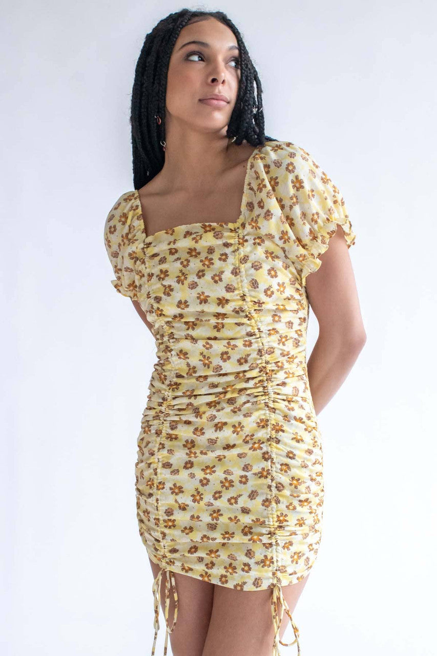 Yellow Spring Floral Cinched Mini Dress