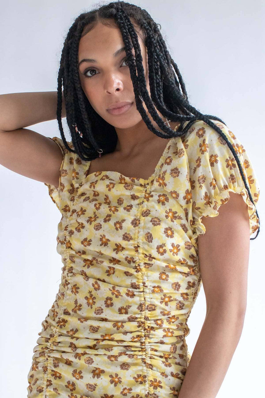 Yellow Spring Floral Cinched Mini Dress