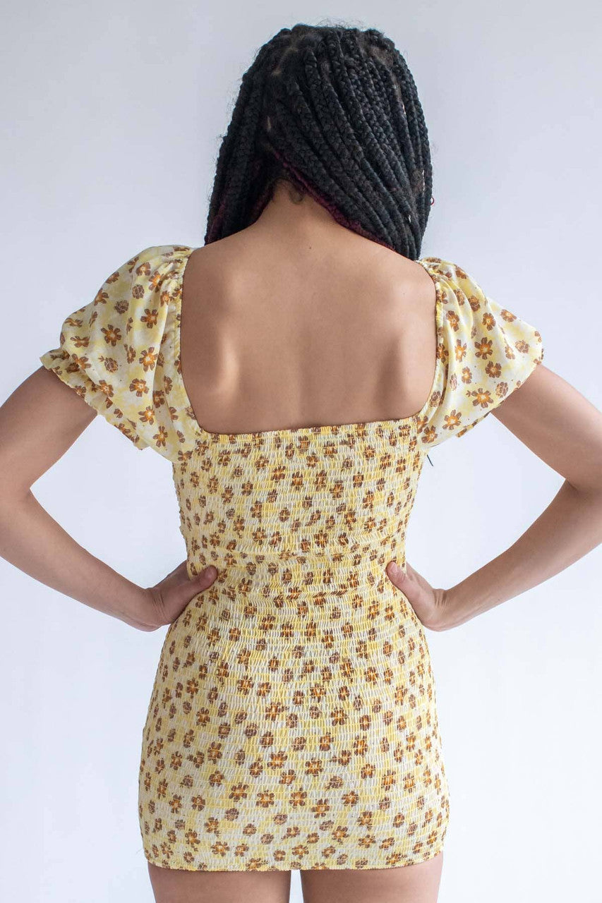 Yellow Spring Floral Cinched Mini Dress